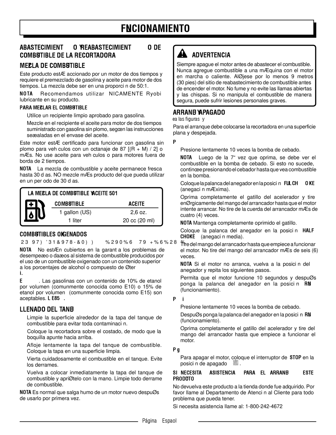 Homelite 26CS UT22600, 26SS UT22650 Mezcla DE Combustible, Llenado DEL Tanque, Arranque Y Apagado, Vea las figuras 7 y 