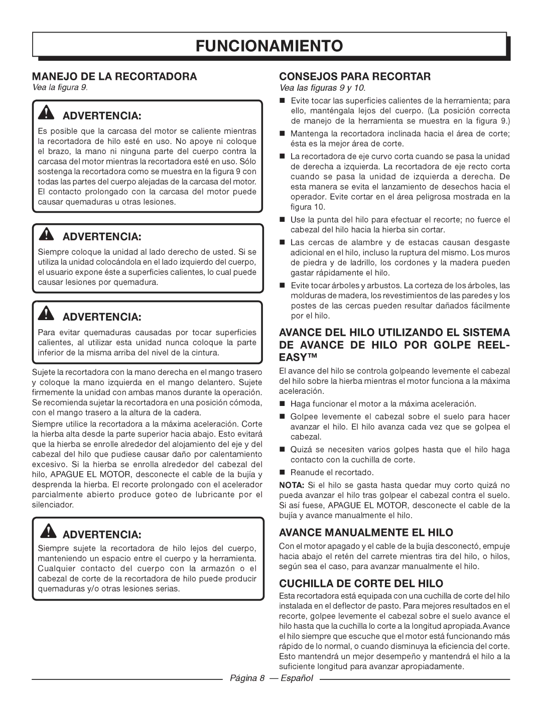 Homelite 26SS UT22650, 26CS UT22600 Manejo DE LA Recortadora, Consejos Para Recortar, Avance Manualmente EL Hilo 