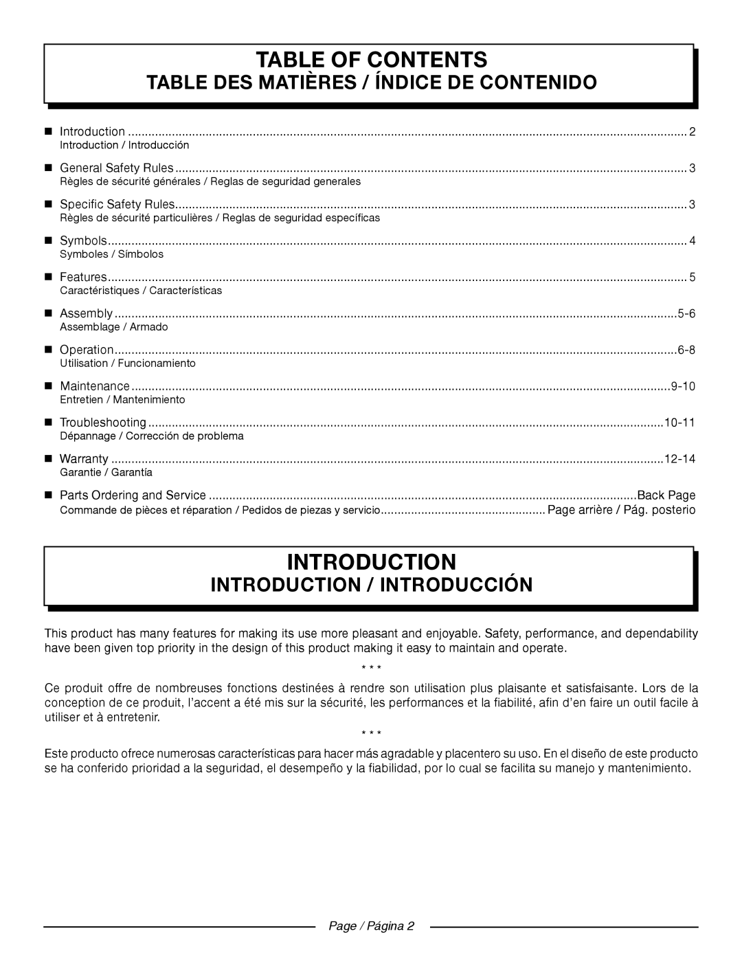 Homelite 26SS UT22650, 26CS UT22600 manuel dutilisation Table of Contents 