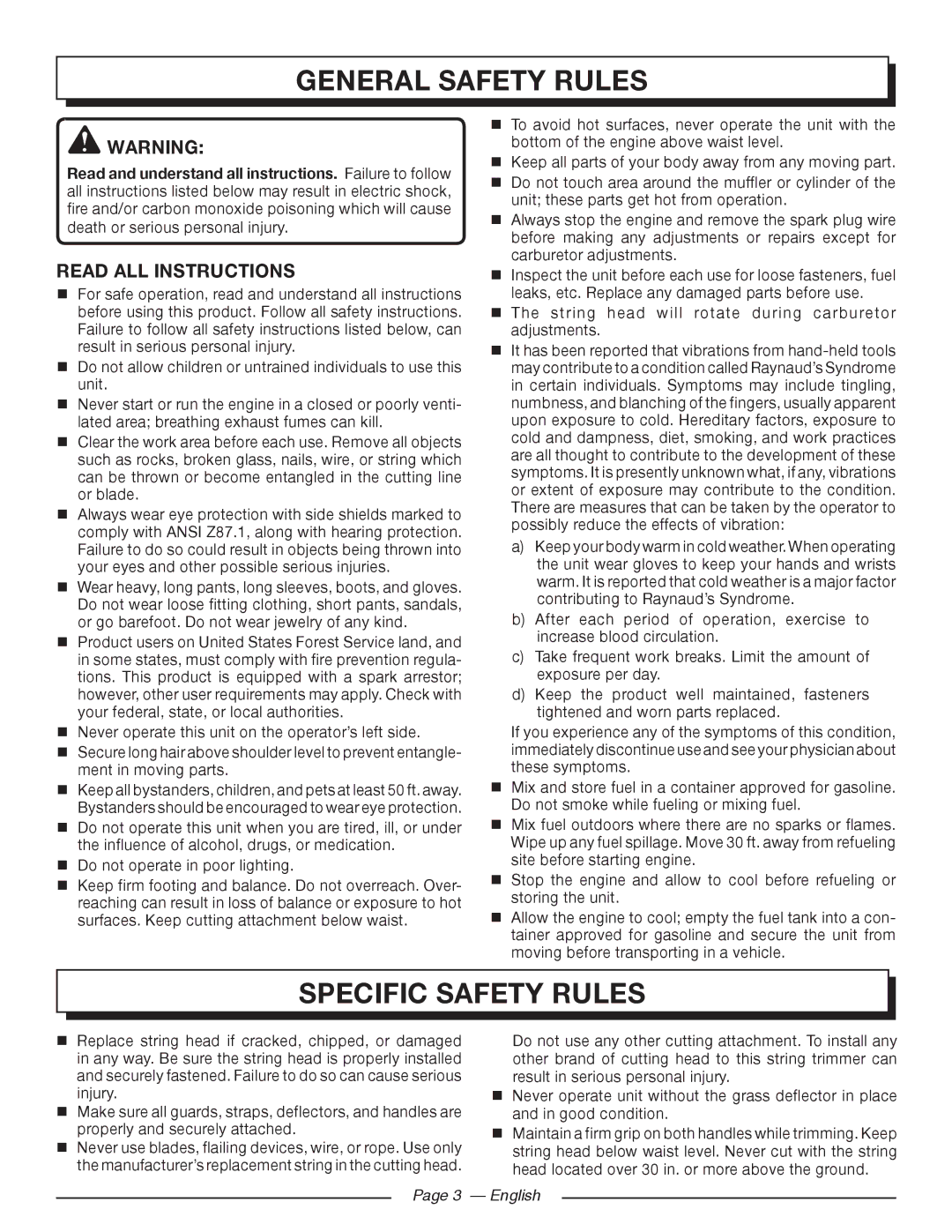 Homelite 26CS UT22600, 26SS UT22650 General Safety Rules, Specific Safety Rules, Read all instructions, English 