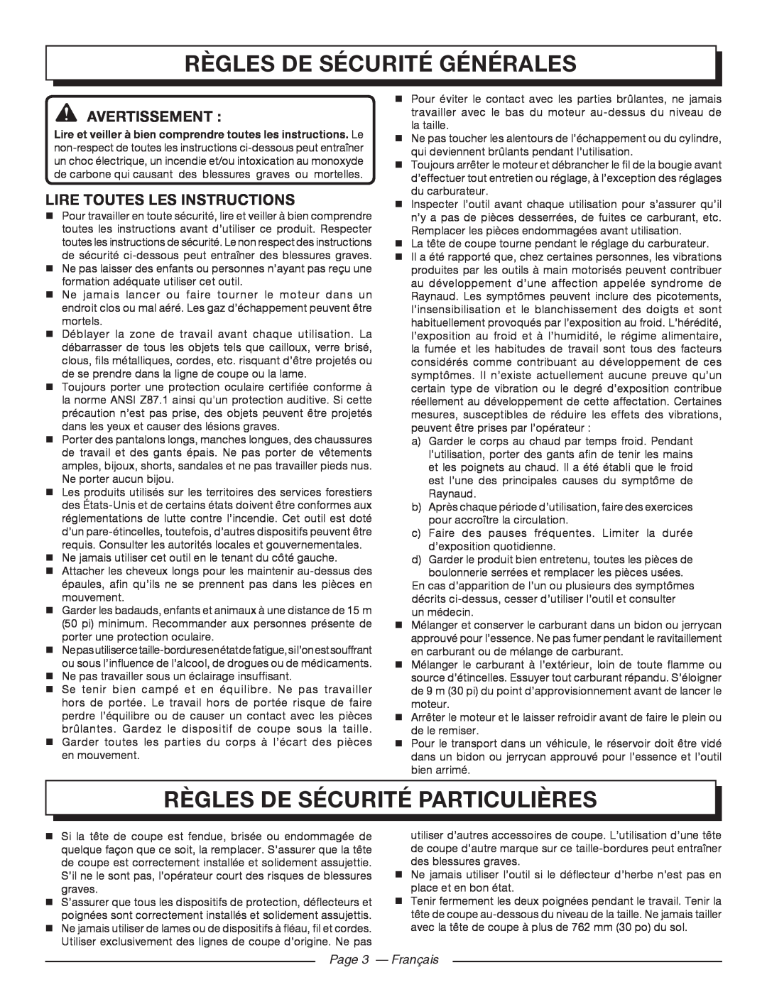 Homelite 26CS UT22600 Règles De Sécurité Générales, Règles De Sécurité Particulières, Avertissement , Page 3 - Français 