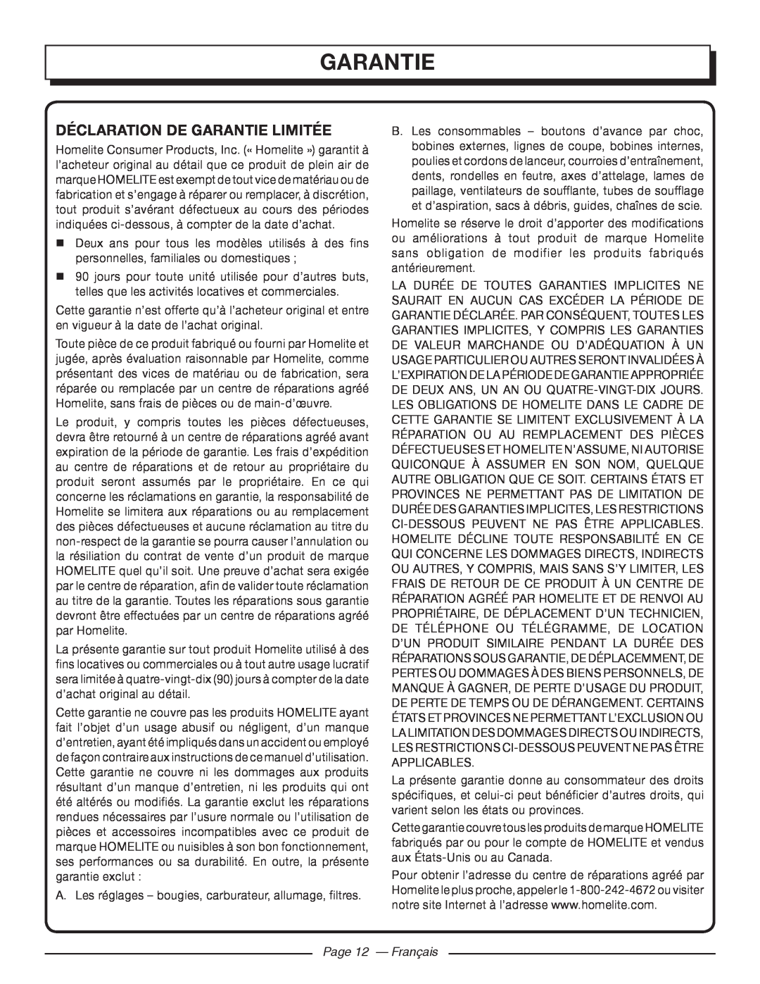 Homelite 26SS UT22650, 26CS UT22600 manuel dutilisation Déclaration De Garantie Limitée, Page 12 - Français 
