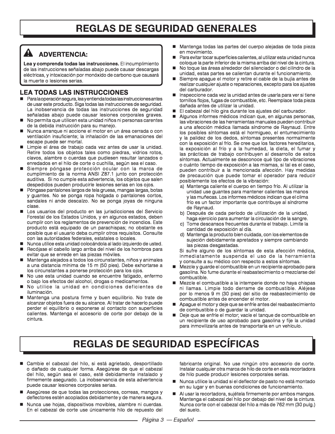 Homelite 26CS UT22600 Reglas De Seguridad Generales, Reglas De Seguridad Específicas, Advertencia, Página 3 - Español 