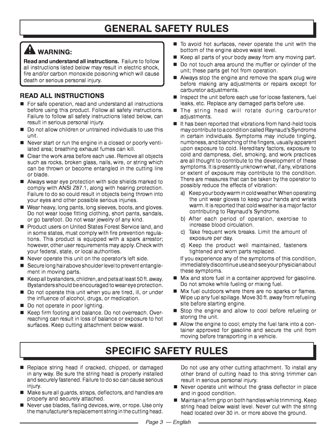 Homelite 26CS UT22600, 26SS UT22650 General Safety Rules, Specific Safety Rules, read all instructions, Page 3 - English 