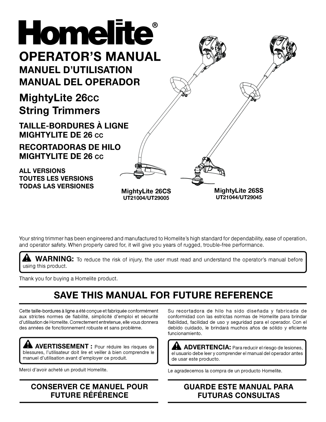 Homelite 26SS manuel dutilisation Manuel D’UTILISATION Manual DEL Operador, Save this Manual for Future Reference 