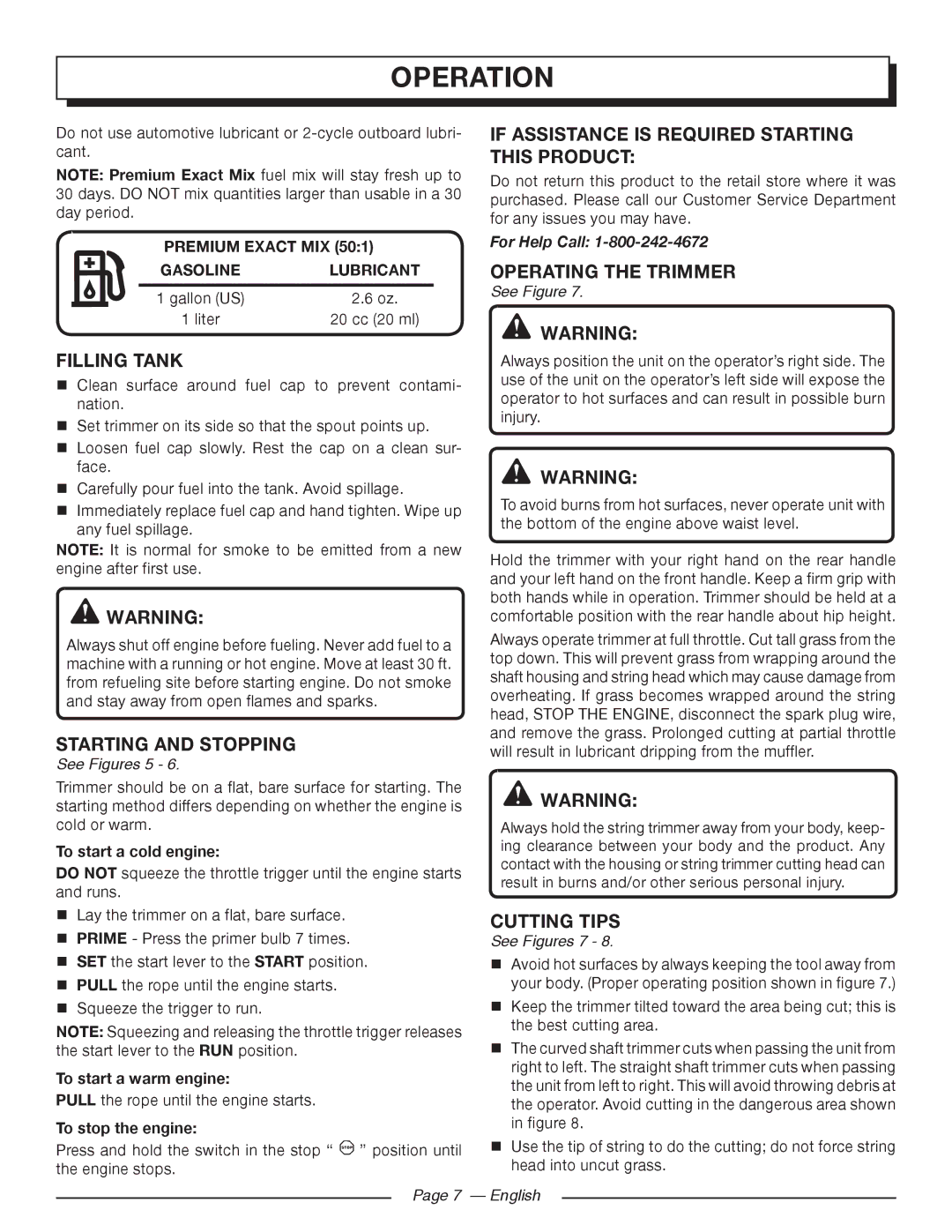 Homelite 26SS Filling Tank, Starting and Stopping, If assistance is required Starting this product, Operating the Trimmer 