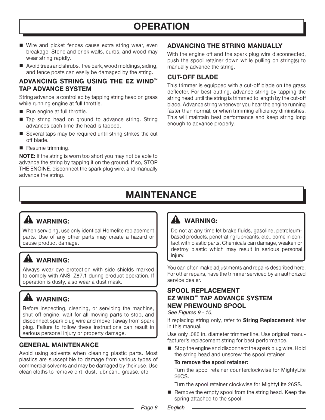 Homelite 26SS manuel dutilisation Advancing the String Manually, CUT-OFF Blade, General Maintenance, Spool Replacement 