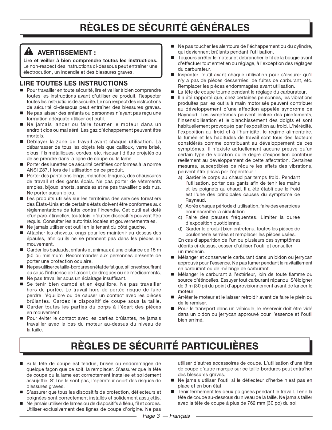 Homelite 26SS Règles DE Sécurité Générales, Règles DE Sécurité Particulières, Avertissement , Lire Toutes LES Instructions 