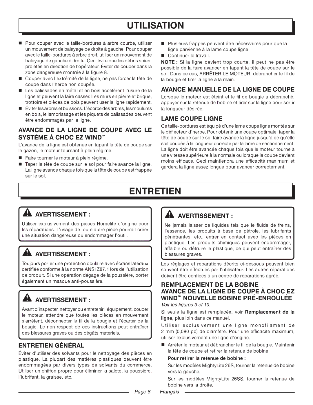 Homelite 26SS Avance Manuelle DE LA Ligne DE Coupe, Lame Coupe Ligne, Entretien Général, Remplacement DE LA Bobine 