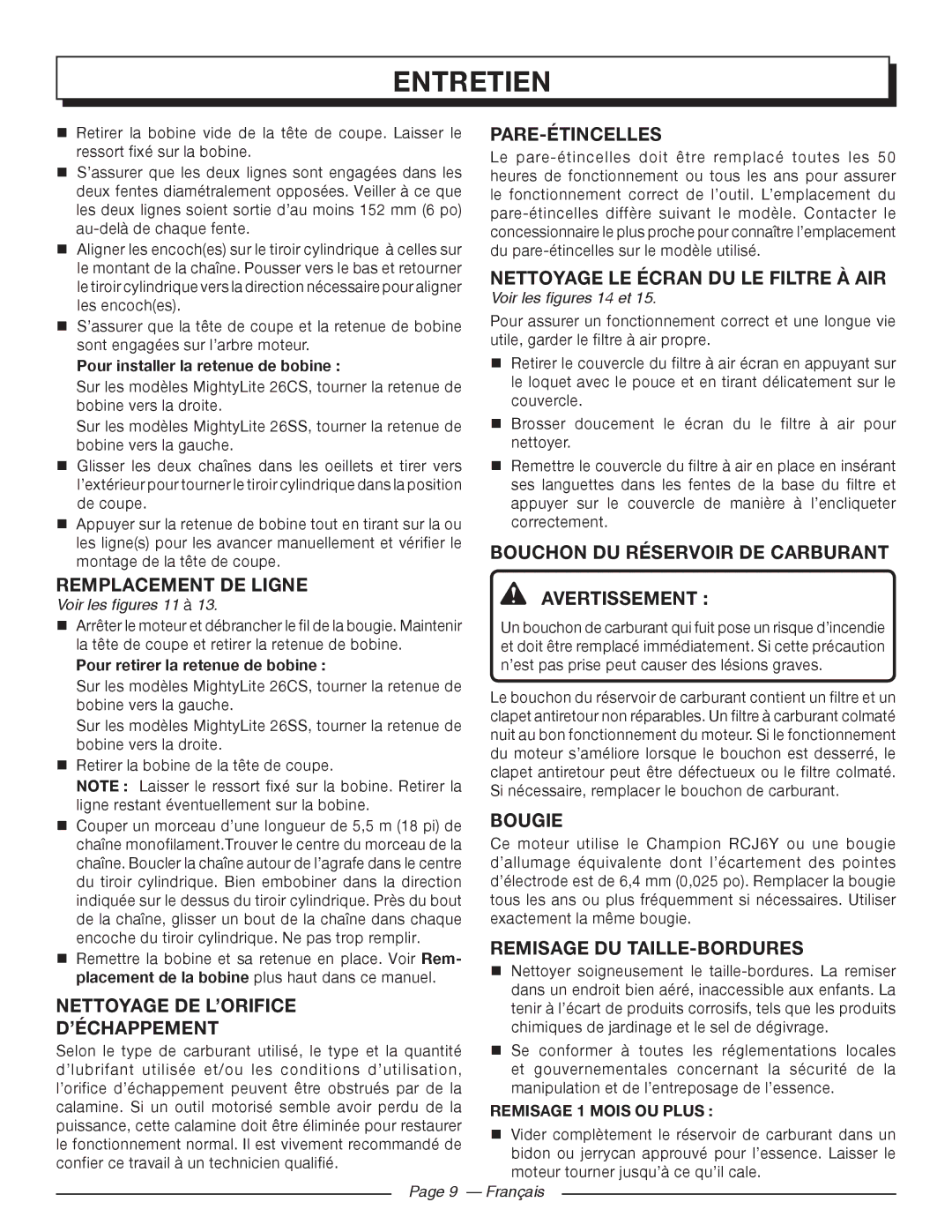 Homelite 26SS manuel dutilisation Pare-Étincelles, Bouchon DU Réservoir DE Carburant Remplacement DE Ligne, Bougie 