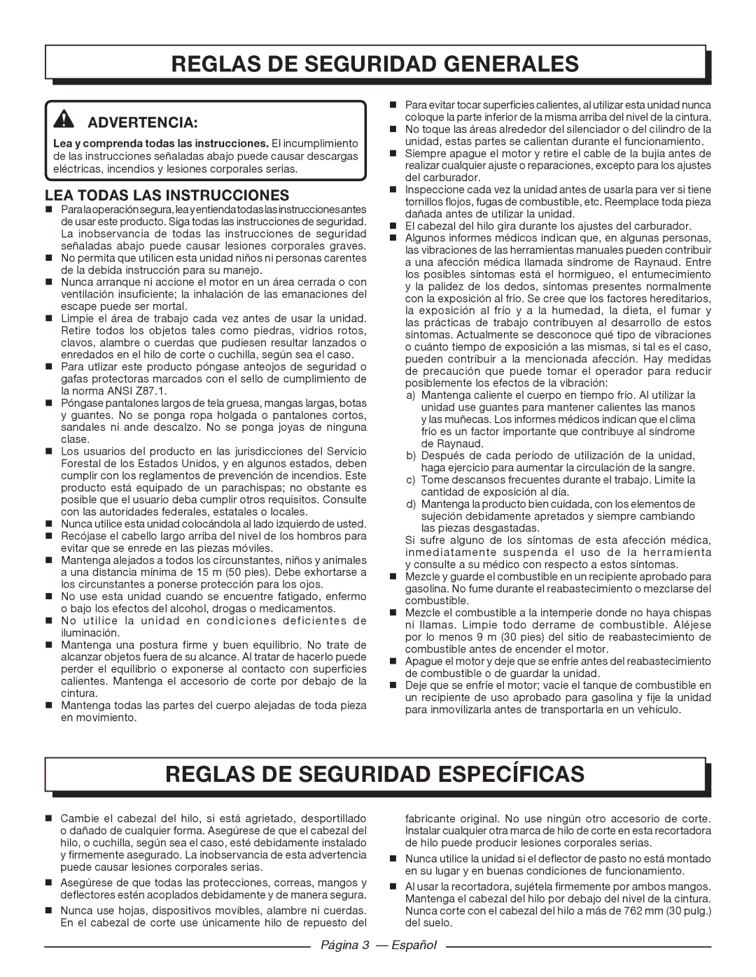 Homelite 26SS Reglas DE Seguridad Generales, Reglas DE Seguridad Específicas, Advertencia, Lea todas las instrucciones 