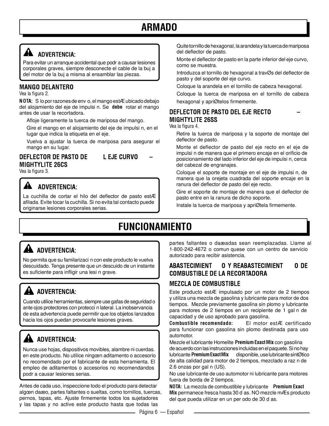 Homelite 26SS Funcionamiento, Mango delantero, Deflector DE Pasto del eje curvo mightylite 26cs, Mezcla DE Combustible 