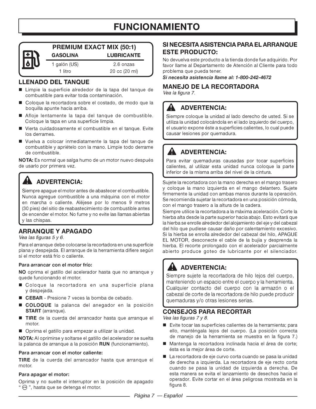 Homelite 26SS Premium Exact MIX, Llenado DEL Tanque, Arranque Y Apagado, Manejo DE LA Recortadora, Consejos Para Recortar 