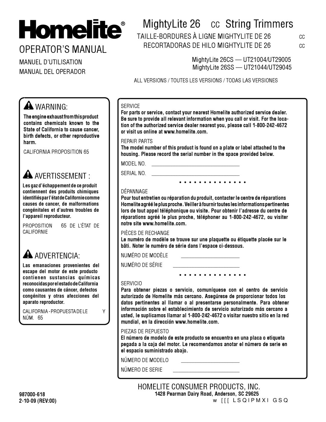 Homelite 26SS manuel dutilisation OPERATOR’S Manual, Manuel D’UTILISATION Manual DEL Operador, Model no Serial no 