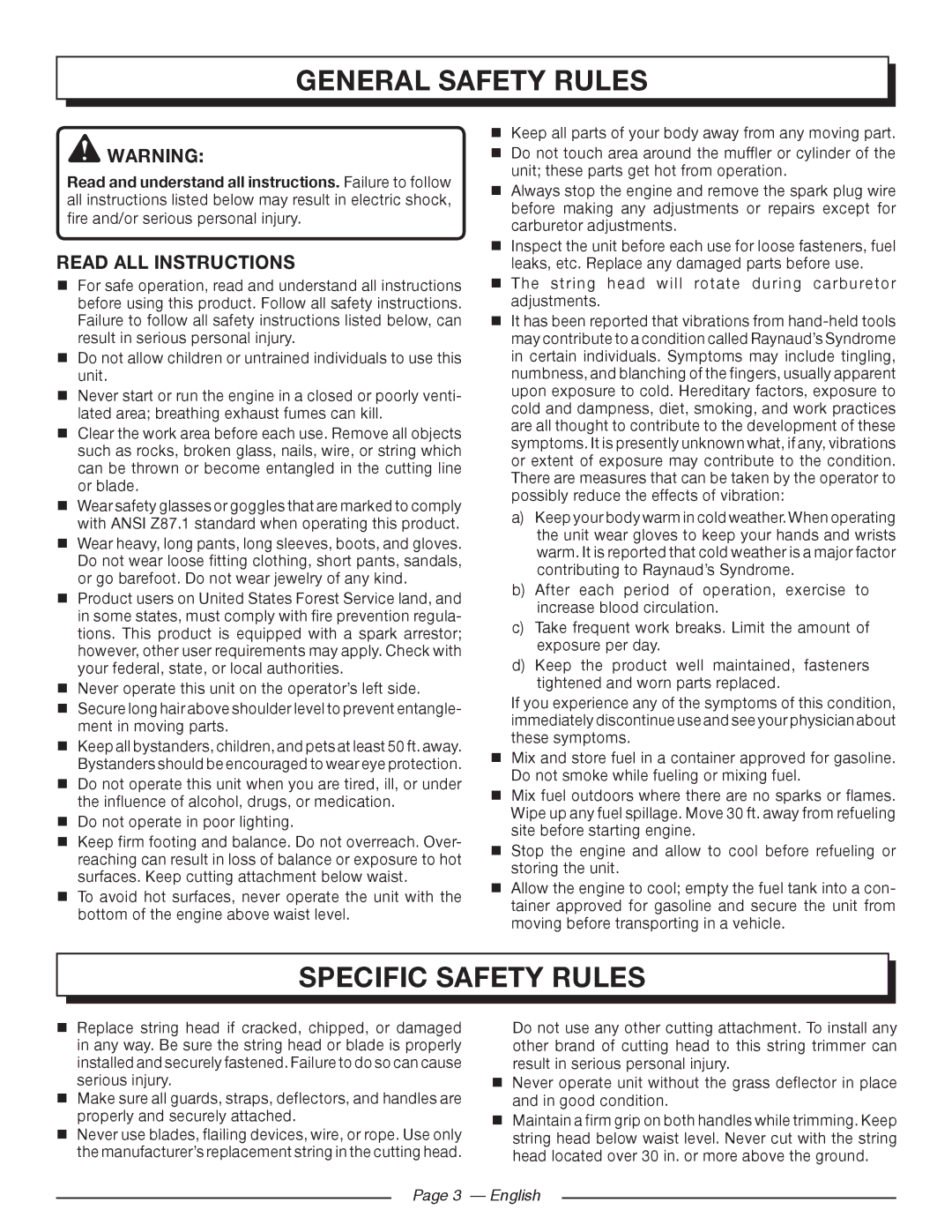 Homelite 26SS manuel dutilisation General Safety Rules, Specific Safety Rules, Read all instructions 