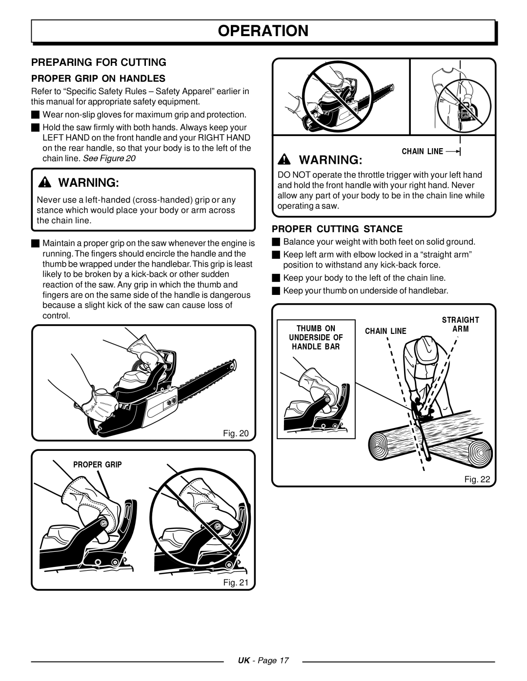 Homelite CSP4518, CSP3816 manual Preparing for Cutting, Proper Grip on Handles, Proper Cutting Stance, Chain Line 