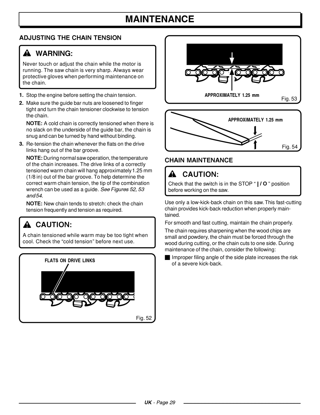 Homelite CSP4518, CSP3816 manual Adjusting the Chain Tension, Chain Maintenance, Flats on Drive Links 