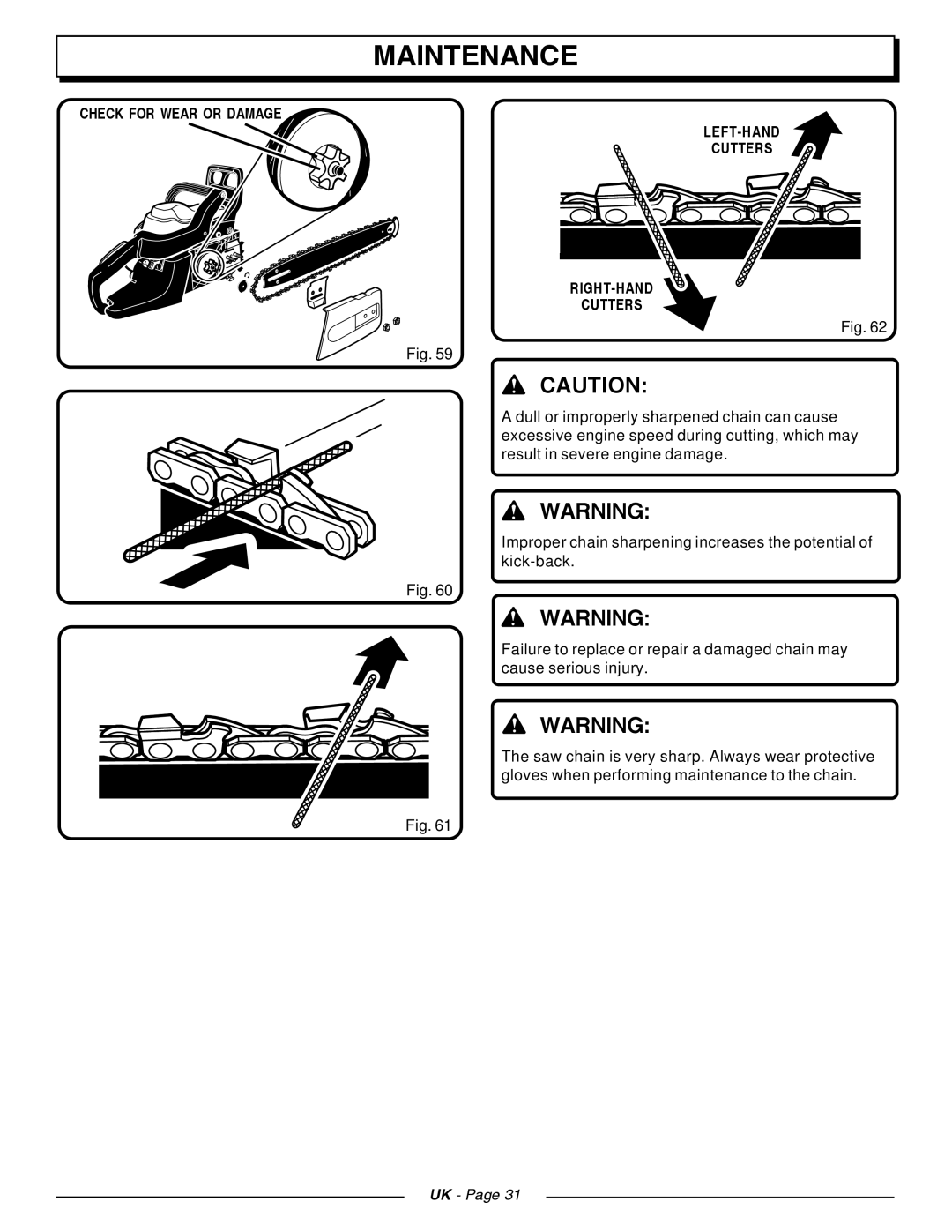 Homelite CSP4518, CSP3816 manual Check for Wear or Damage LEFT-HAND Cutters RIGHT-HAND 