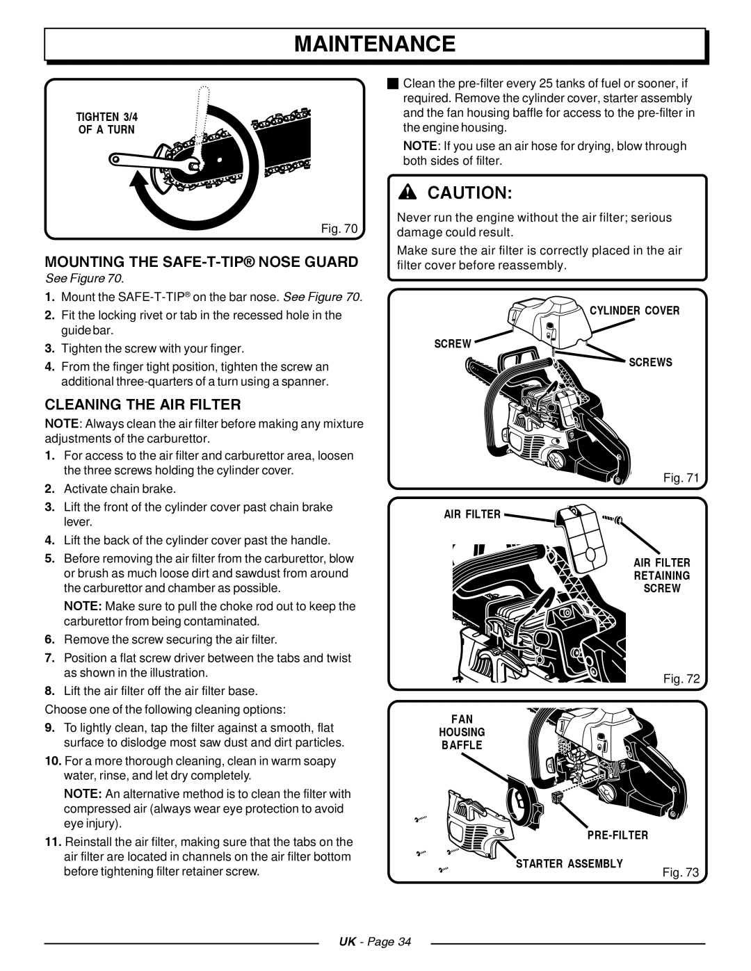 Homelite CSP3816, CSP4518 manual Mounting the SAFE-T-TIP Nose Guard, Cleaning the AIR Filter, Tighten 3/4 A Turn 