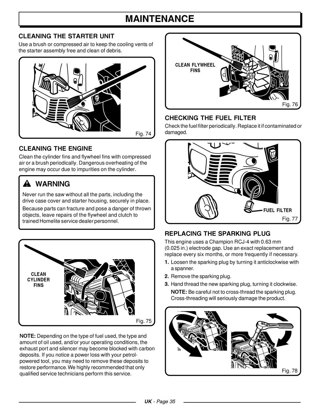 Homelite CSP4518 Cleaning the Starter Unit, Checking the Fuel Filter, Cleaning the Engine, Replacing the Sparking Plug 