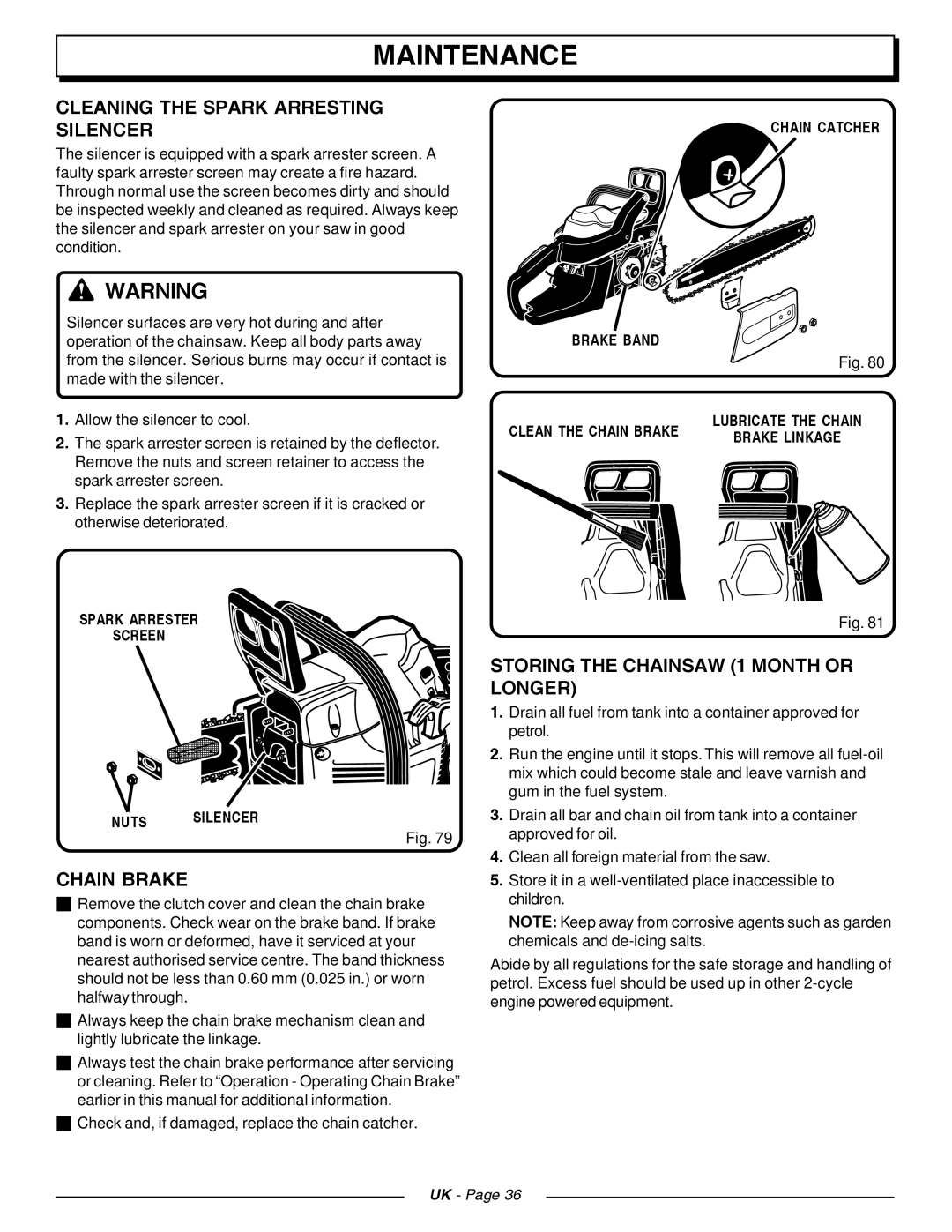 Homelite CSP3816, CSP4518 manual Cleaning the Spark Arresting Silencer, Chain Brake, Storing the Chainsaw 1 Month or Longer 