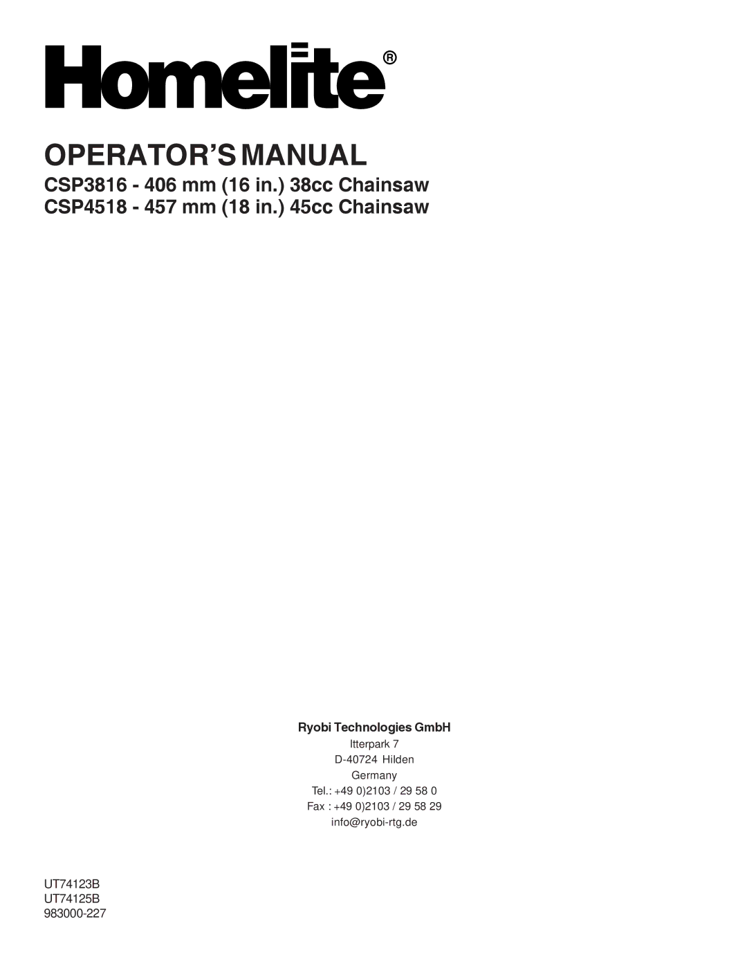 Homelite CSP3816, CSP4518 manual Ryobi Technologies GmbH 