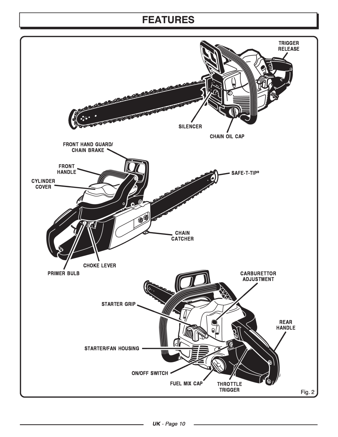 Homelite CSP3816 manual Features, Trigger Release Silencer Chain Oil Cap, Front Hand Guard Chain Brake, UK - Page, Throttle 