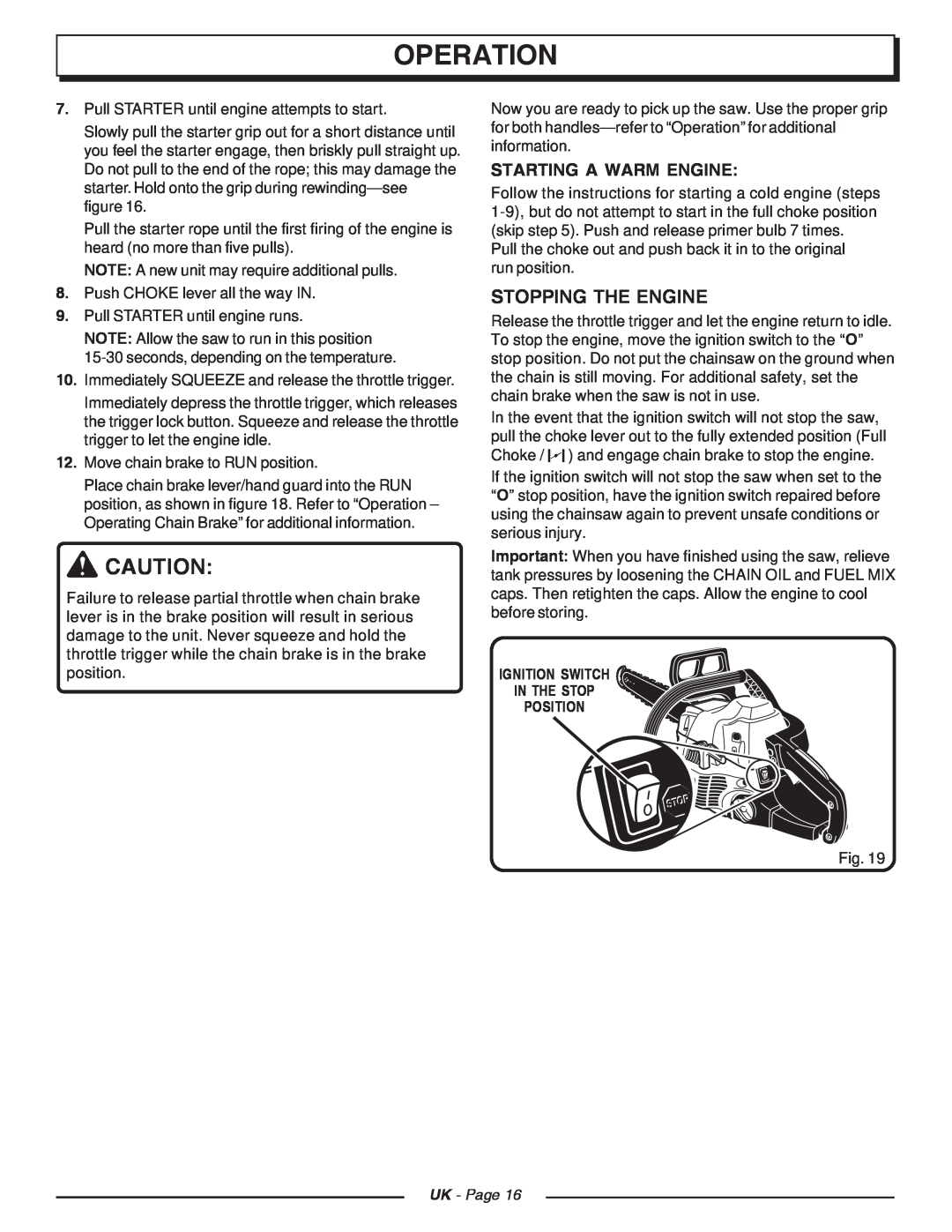 Homelite CSP3816 Stopping The Engine, Starting A Warm Engine, Ignition Switch In The Stop Position, Operation, UK - Page 