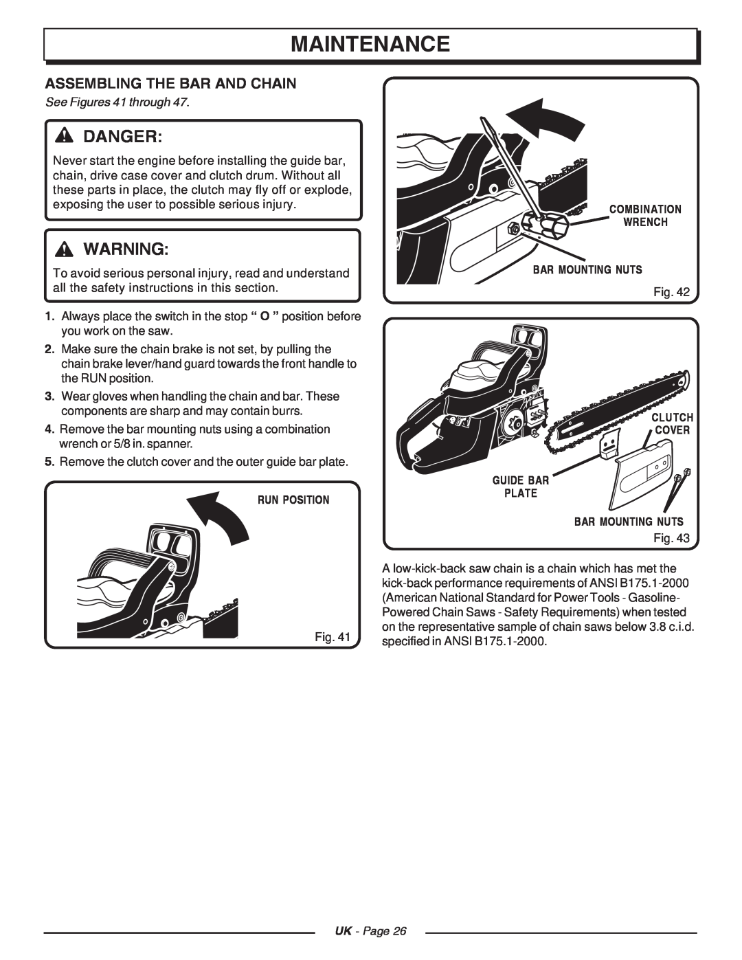Homelite CSP3816 manual Maintenance, Danger, Assembling The Bar And Chain, See Figures 41 through, Run Position, UK - Page 