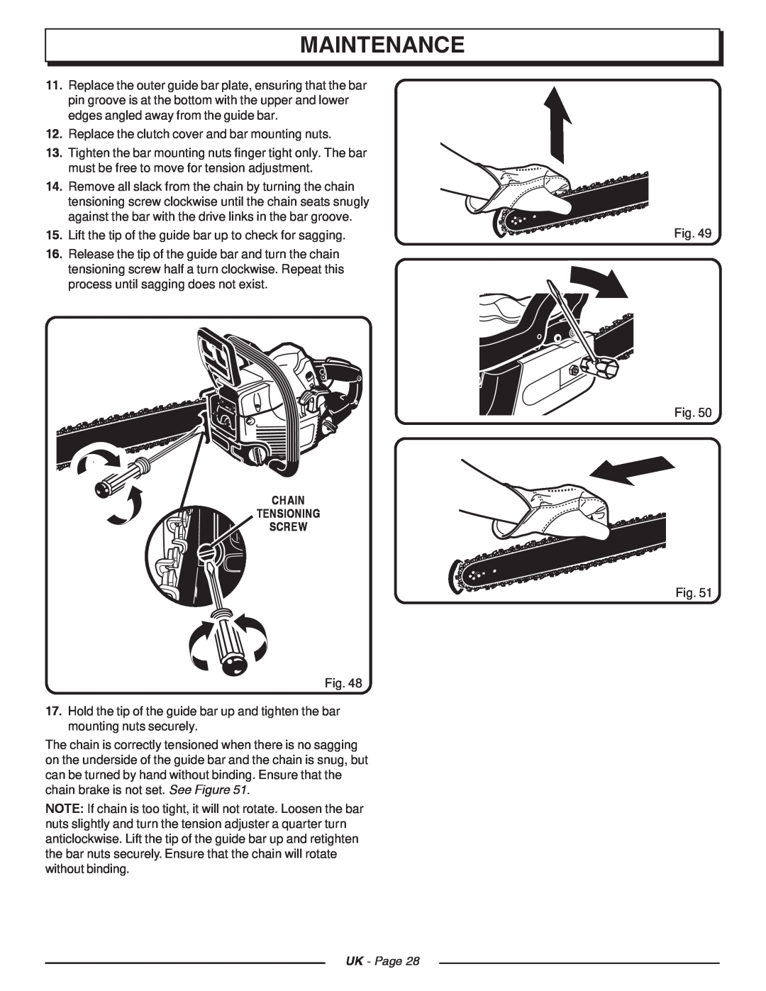 Homelite CSP3816, CSP4518 manual Chain Tensioning Screw, Maintenance, UK - Page 