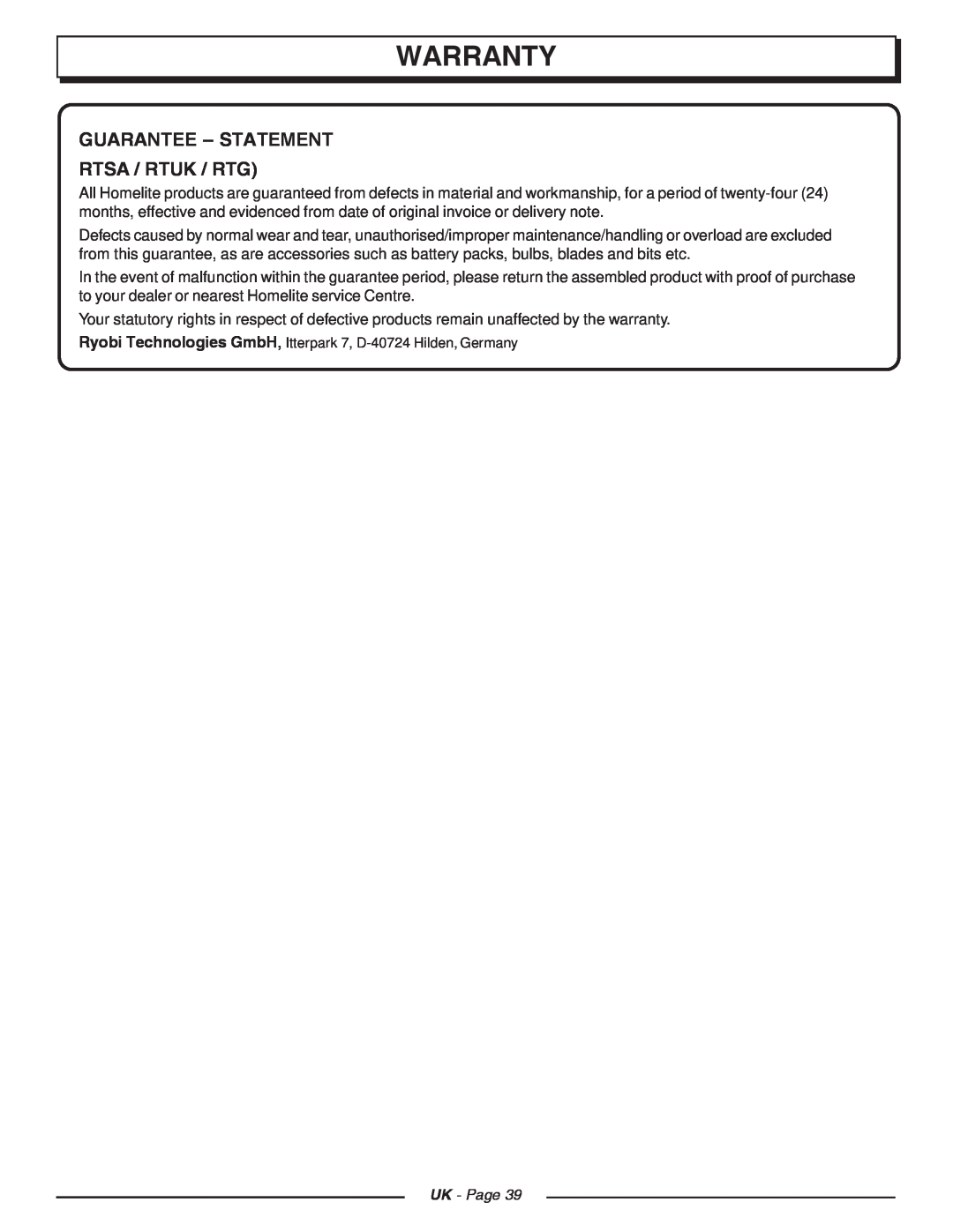 Homelite CSP4518, CSP3816 manual Warranty, Guarantee - Statement Rtsa / Rtuk / Rtg, UK - Page 