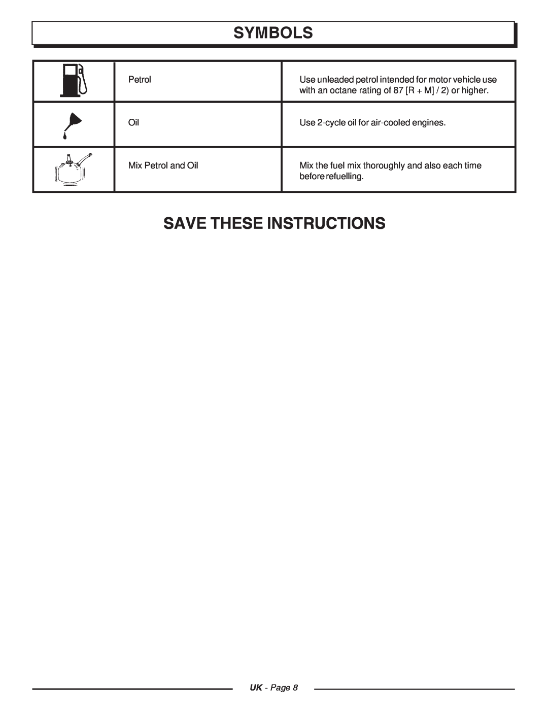 Homelite CSP3816 Save These Instructions, Symbols, Petrol, with an octane rating of 87 R + M / 2 or higher, UK - Page 