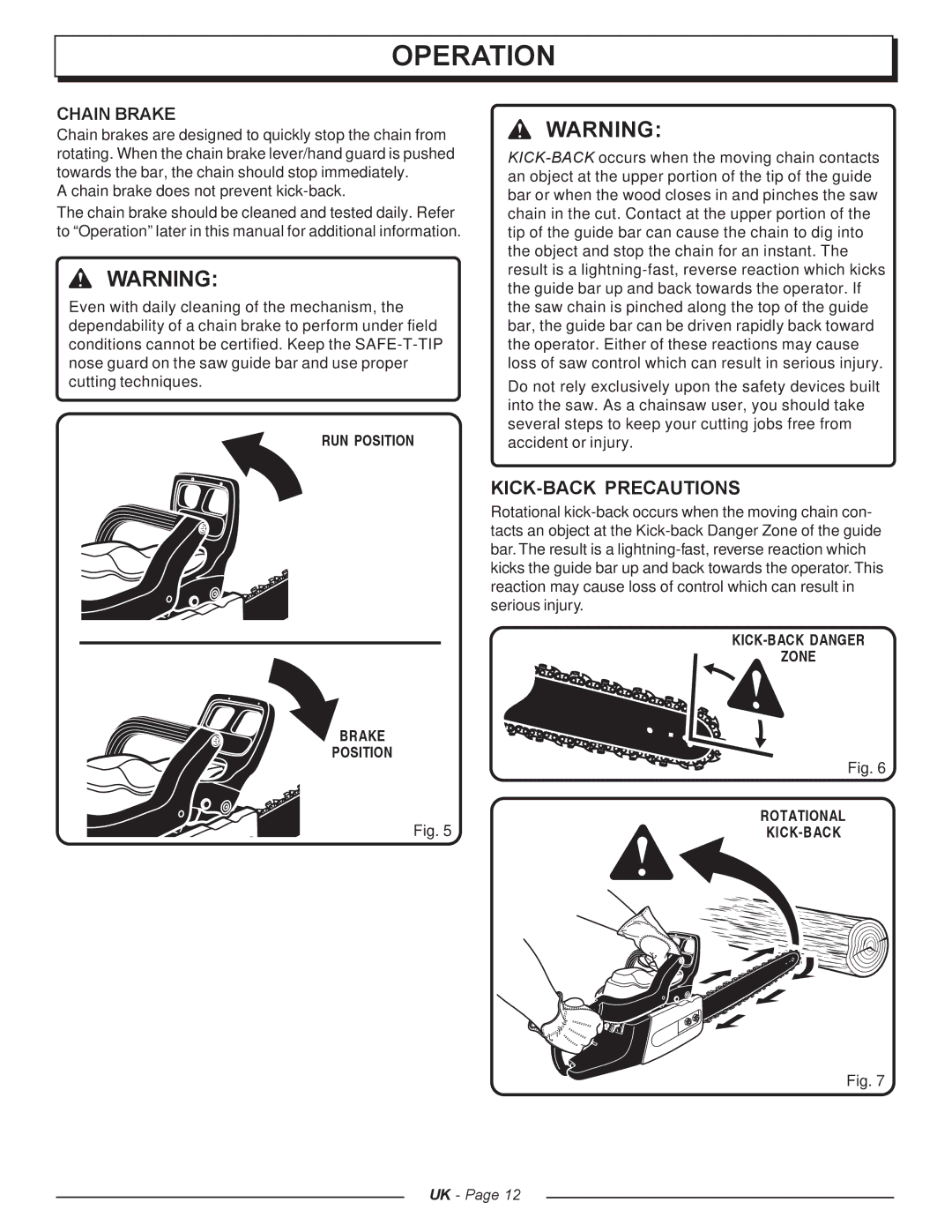 Homelite CSP4518 - UT74125A manual KICK-BACK Precautions, Chain Brake, RUN Position Brake, KICK-BACK Danger Zone Rotational 