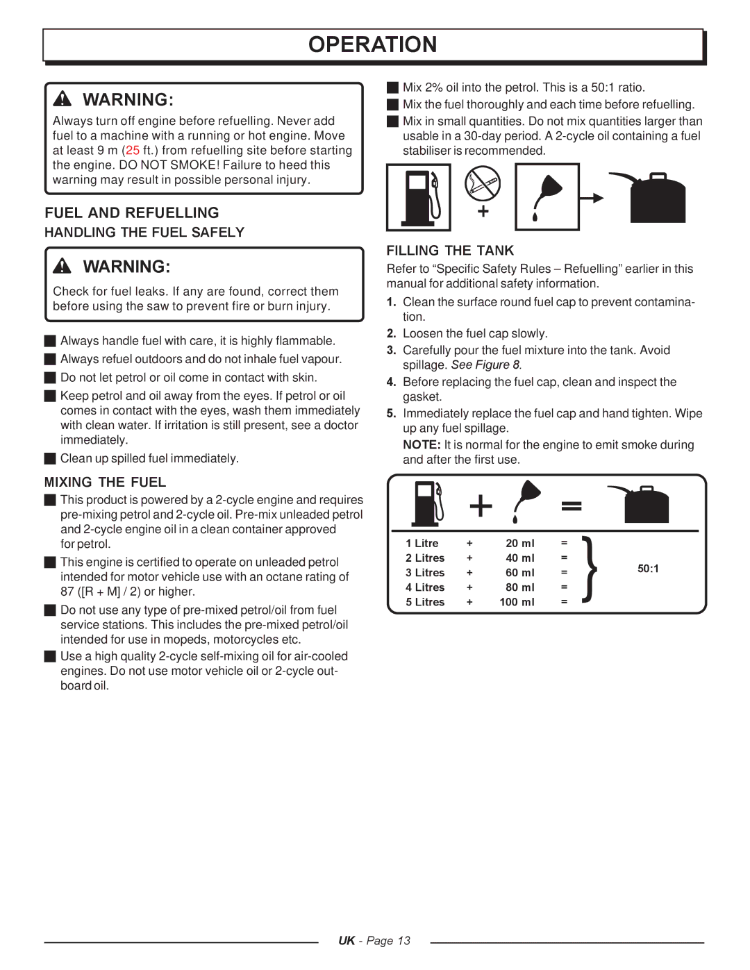 Homelite CSP4520 - UT74127A manual Fuel and Refuelling, Handling the Fuel Safely, Mixing the Fuel, Filling the Tank 