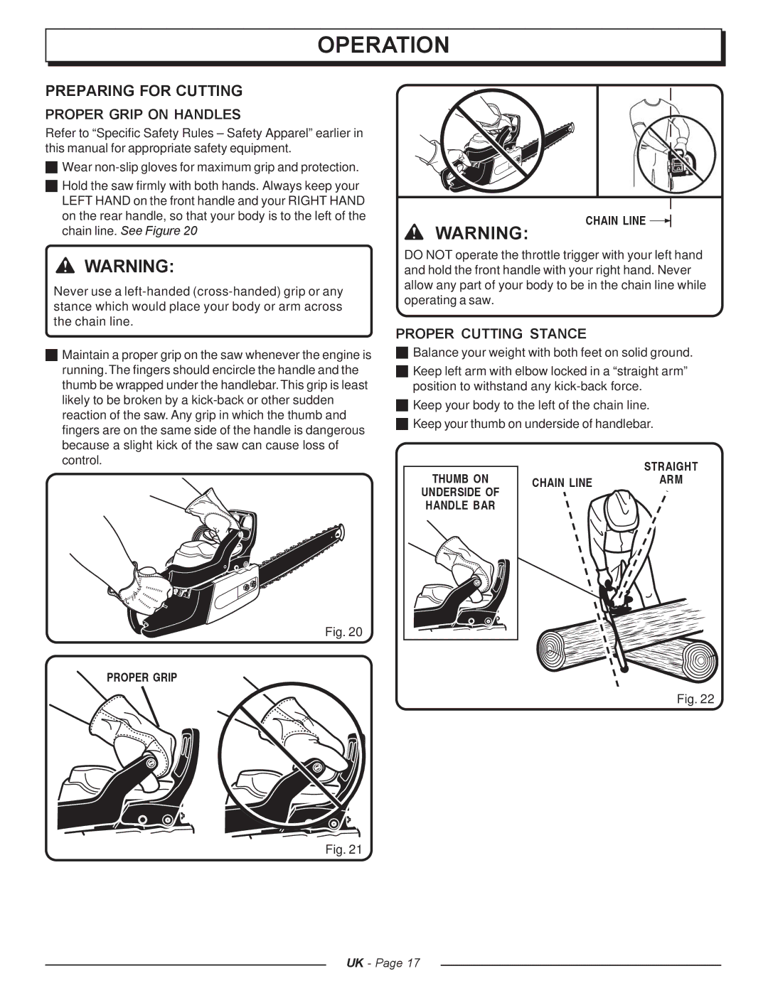 Homelite CSP3816 - UT74123A manual Preparing for Cutting, Proper Grip on Handles, Proper Cutting Stance, Chain Line 