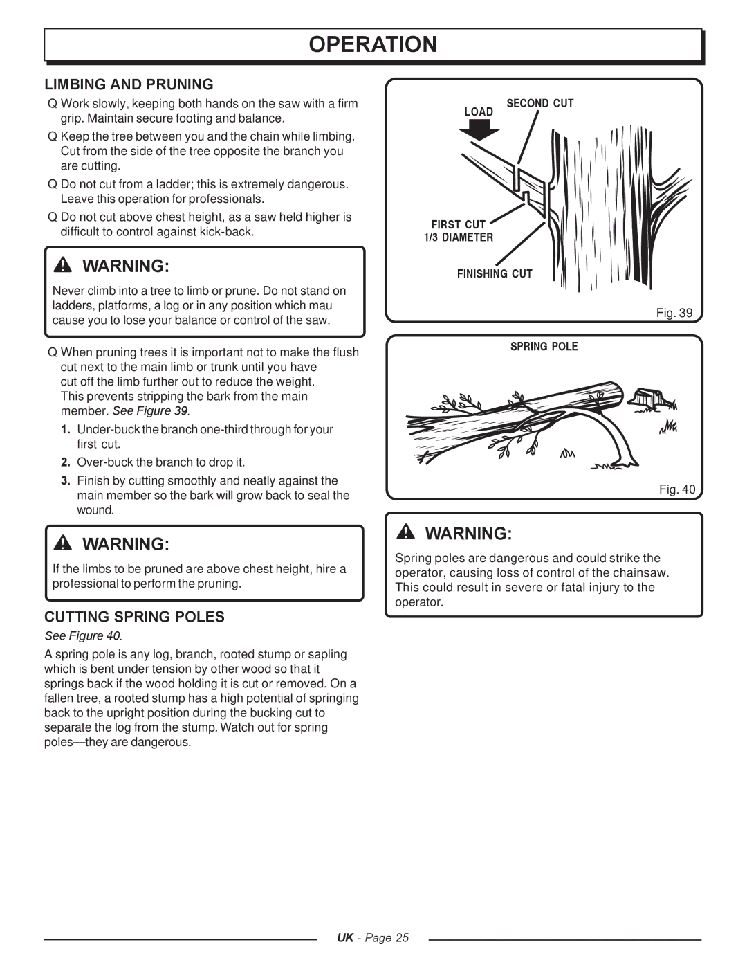 Homelite CSP4520 - UT74127A manual Limbing and Pruning, Cutting Spring Poles, Load Second CUT, Finishing CUT Spring Pole 