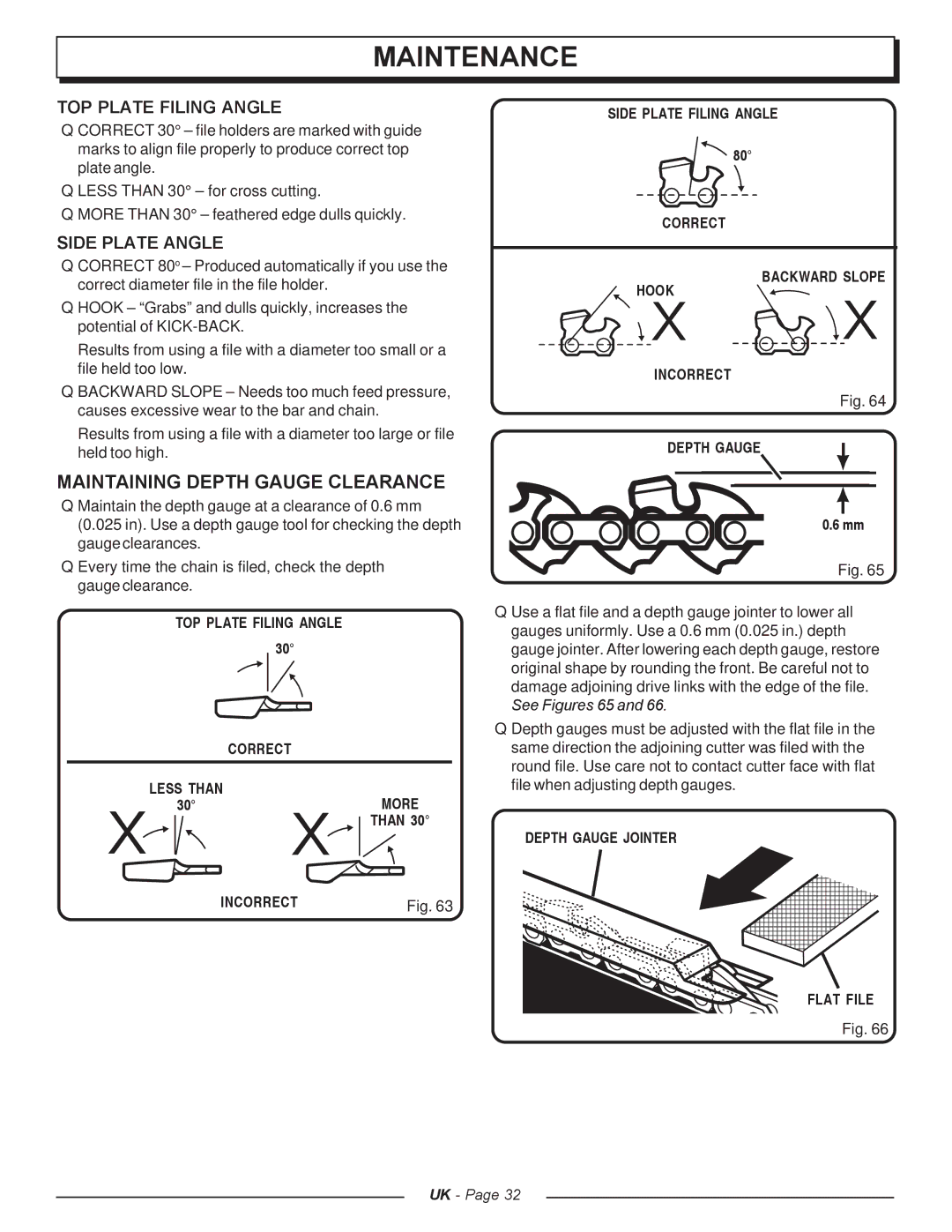 Homelite CSP3816 - UT74123A manual Maintaining Depth Gauge Clearance, TOP Plate Filing Angle, Side Plate Angle 