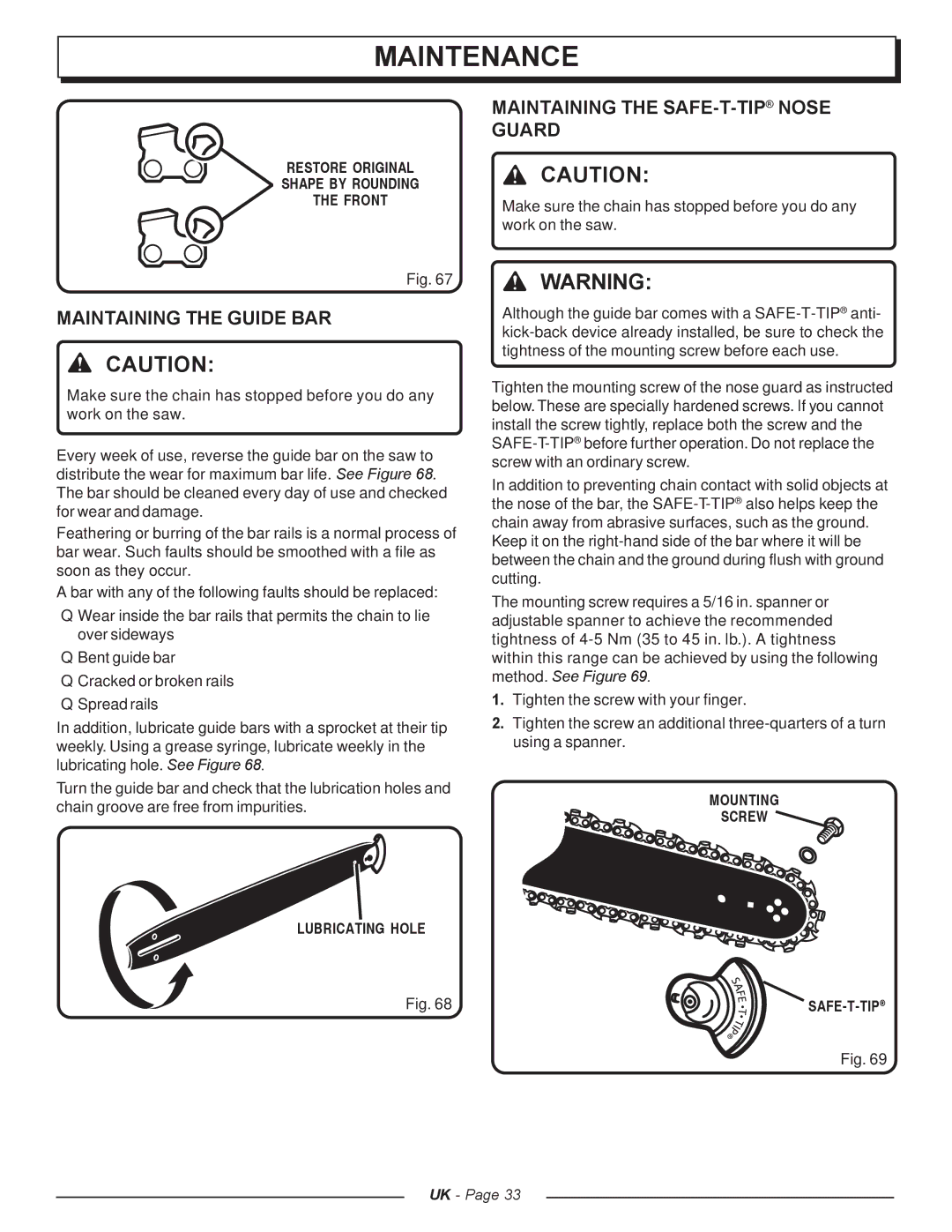 Homelite CSP4518 - UT74125A manual Maintaining the Guide BAR, Maintaining the SAFE-T-TIPNOSE Guard, Lubricating Hole 