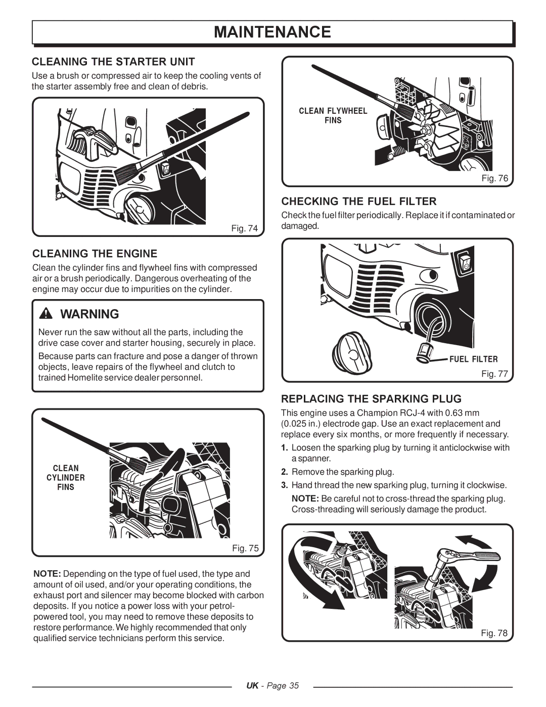 Homelite CSP3816 - UT74123A, CSP4518 - UT74125A Cleaning the Starter Unit, Checking the Fuel Filter, Cleaning the Engine 