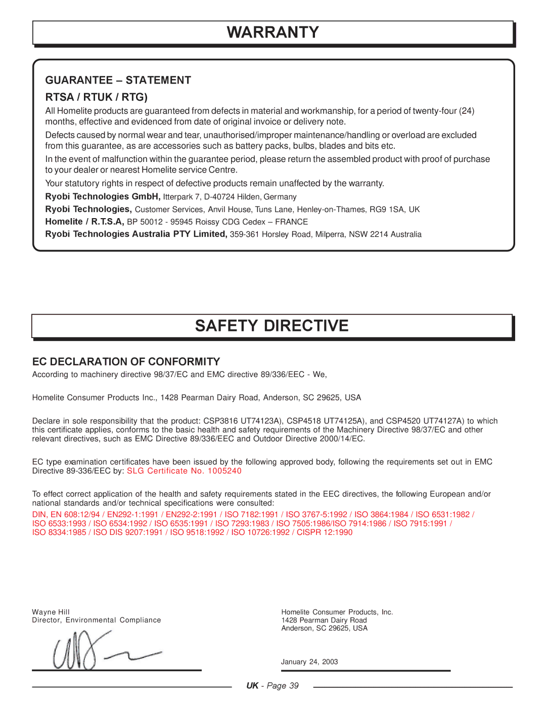 Homelite CSP4518 - UT74125A, CSP4520 - UT74127A manual Warranty, Safety Directive, Guarantee Statement Rtsa / Rtuk / RTG 