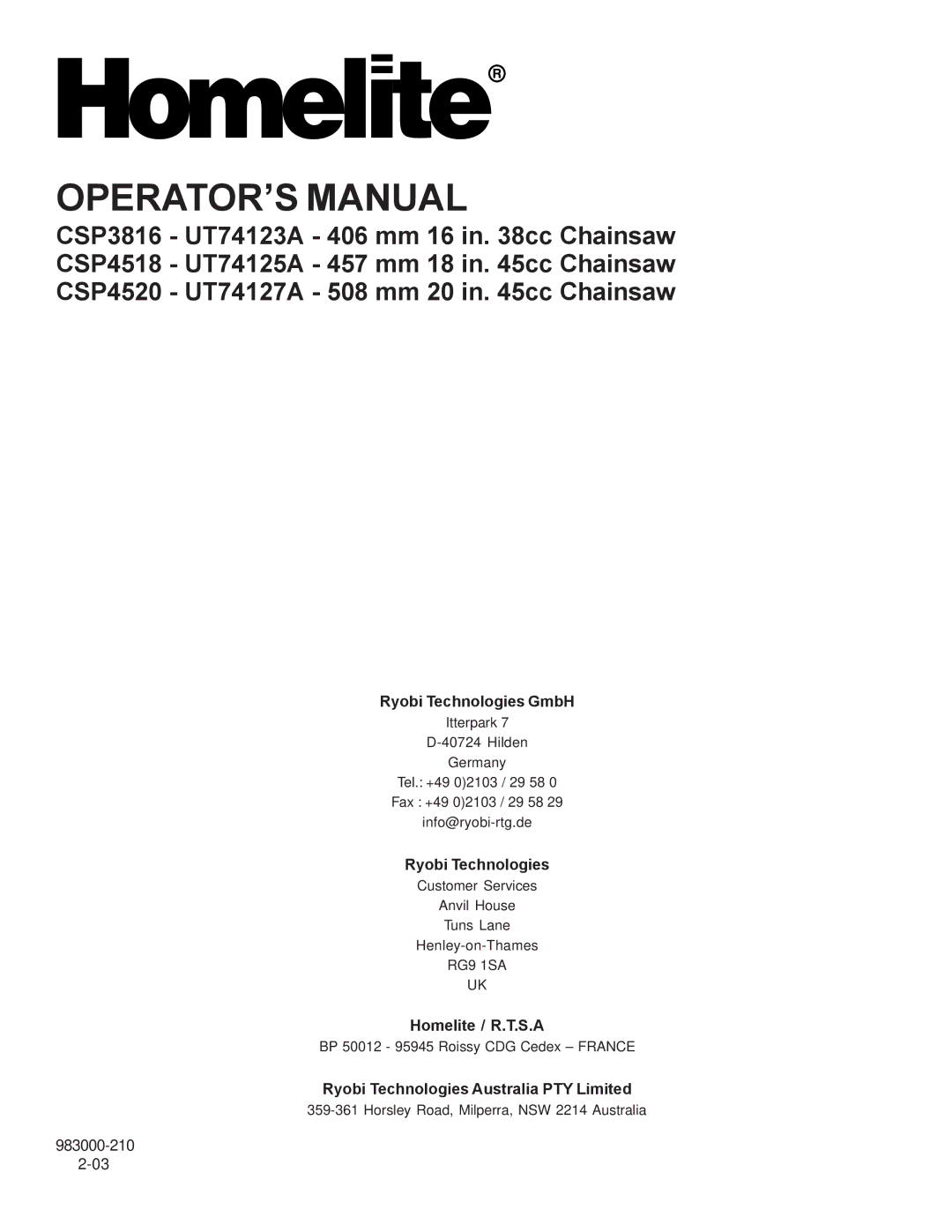 Homelite CSP4520 - UT74127A, CSP4518 - UT74125A, CSP3816 - UT74123A manual Ryobi Technologies GmbH 