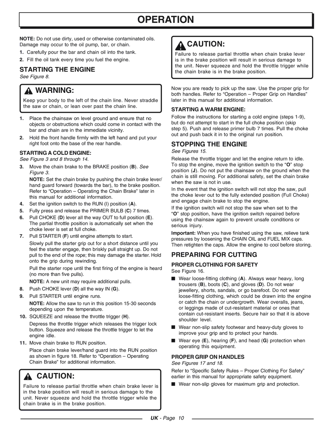 Homelite CSP4518 - UT74125D, CSP4520 - UT74127D manual Starting the Engine, Stopping the Engine, Preparing for Cutting 