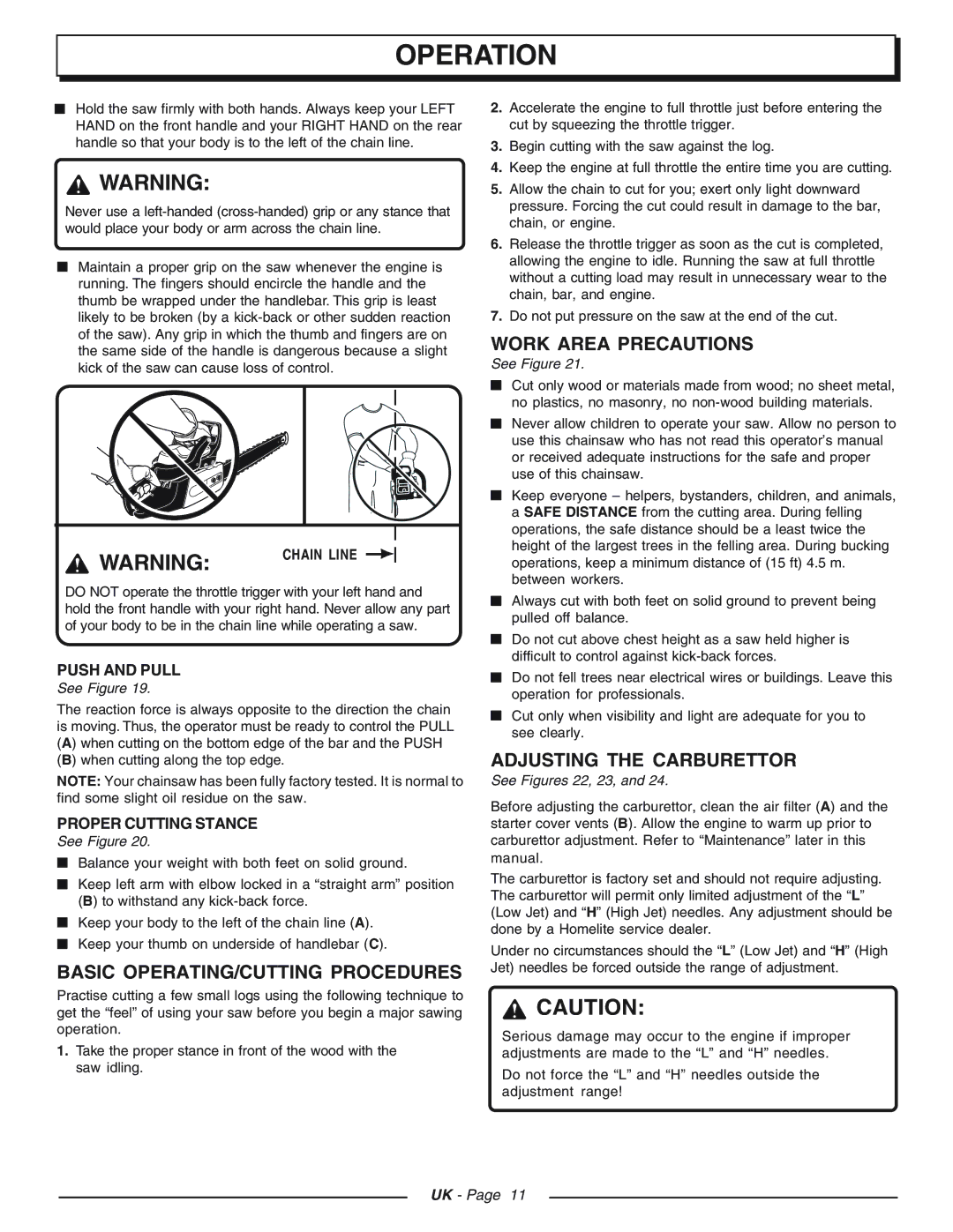 Homelite CSP3816 - UT74123D manual Basic OPERATING/CUTTING Procedures, Work Area Precautions, Adjusting the Carburettor 