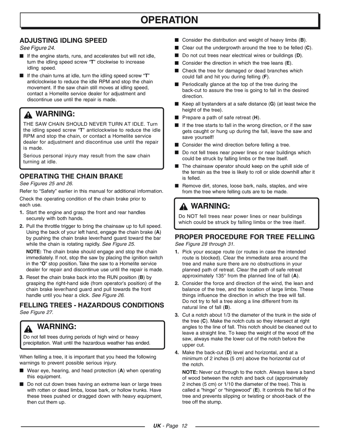 Homelite CSP4520 - UT74127D manual Adjusting Idling Speed, Operating the Chain Brake, Felling Trees Hazardous Conditions 