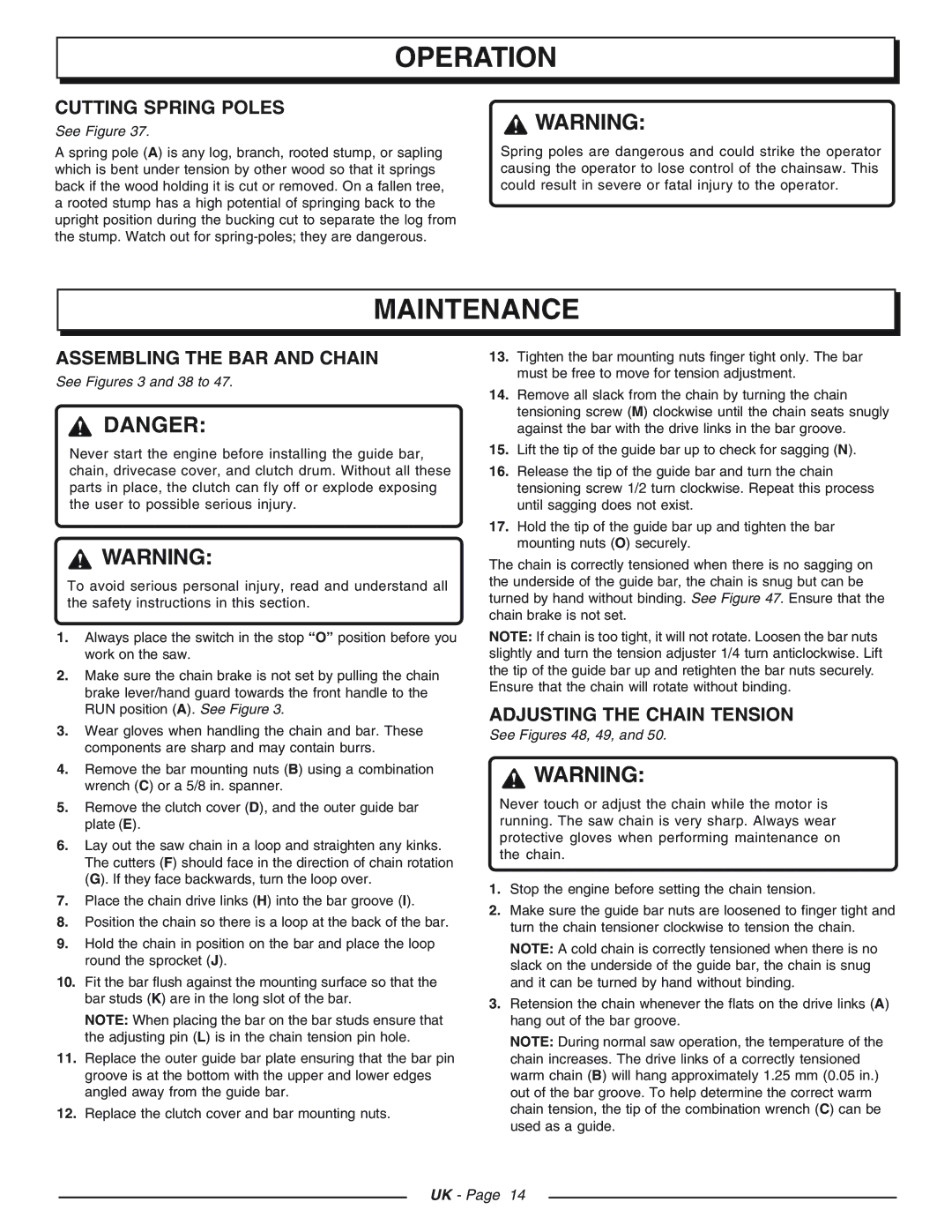 Homelite CSP3816 - UT74123D Maintenance, Cutting Spring Poles, Assembling the BAR and Chain, Adjusting the Chain Tension 