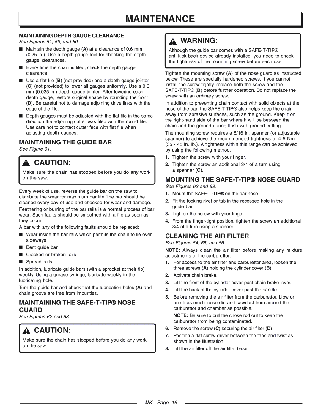 Homelite CSP4518 - UT74125D Maintaining the Guide BAR, Maintaining the SAFE-T-TIP Nose Guard, Cleaning the AIR Filter 