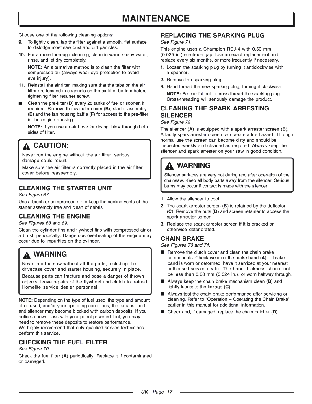 Homelite CSP3816 - UT74123D manual Cleaning the Starter Unit, Cleaning the Engine, Checking the Fuel Filter, Chain Brake 