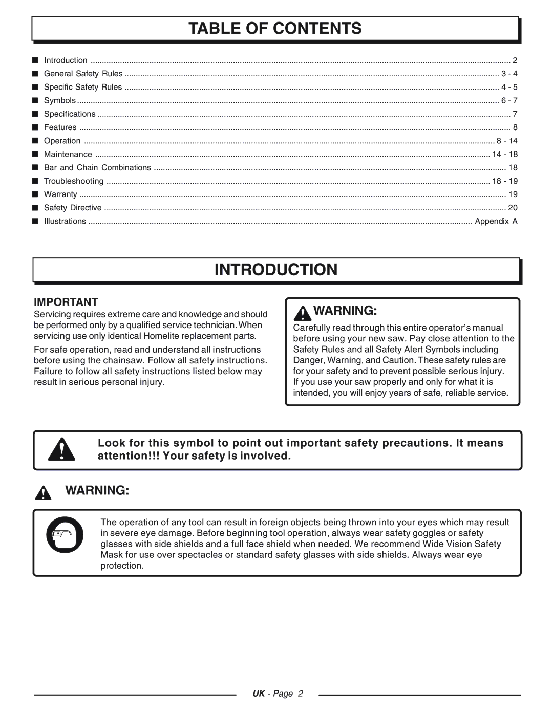 Homelite CSP3816 - UT74123D, CSP4520 - UT74127D, CSP4518 - UT74125D manual Introduction, Table of Contents 