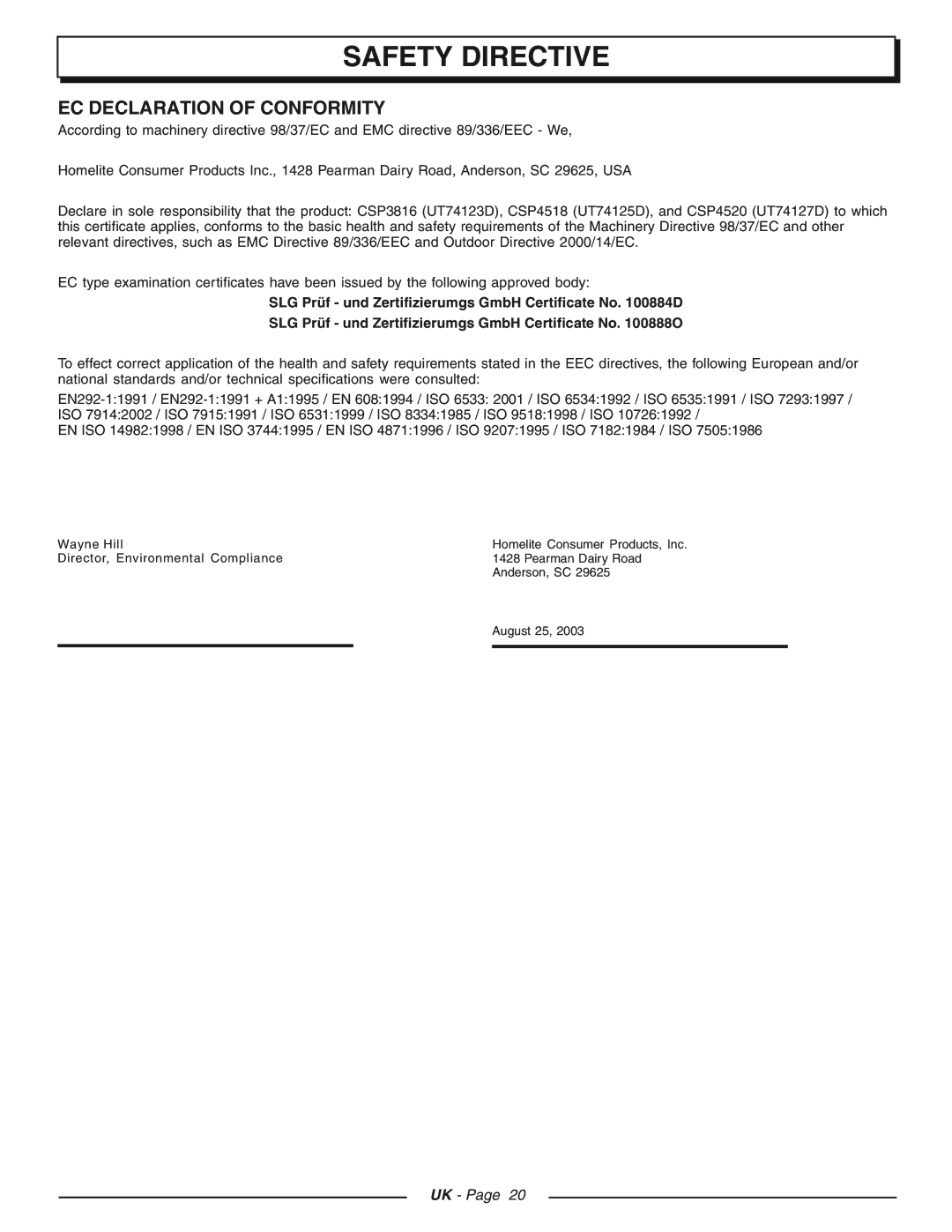 Homelite CSP3816 - UT74123D, CSP4520 - UT74127D, CSP4518 - UT74125D manual Safety Directive, EC Declaration of Conformity 