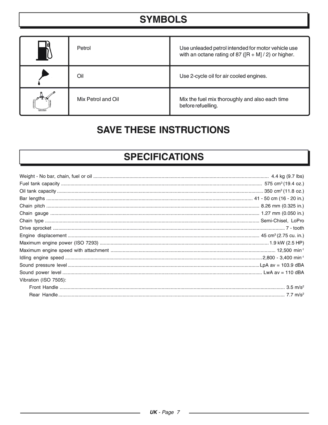 Homelite CSP4518 - UT74125D, CSP4520 - UT74127D, CSP3816 - UT74123D manual Specifications 